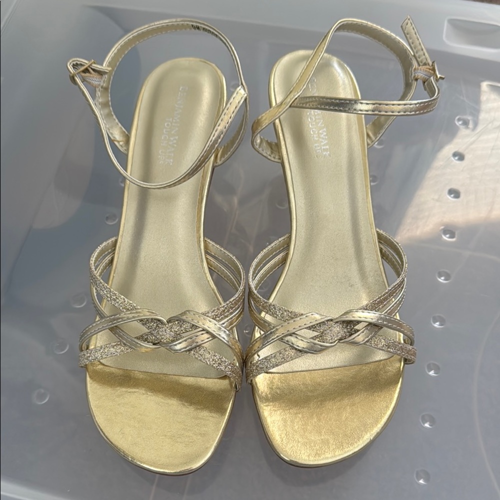 Benjamin Walk brand Gold kitten heels with Criss-Cross Straps